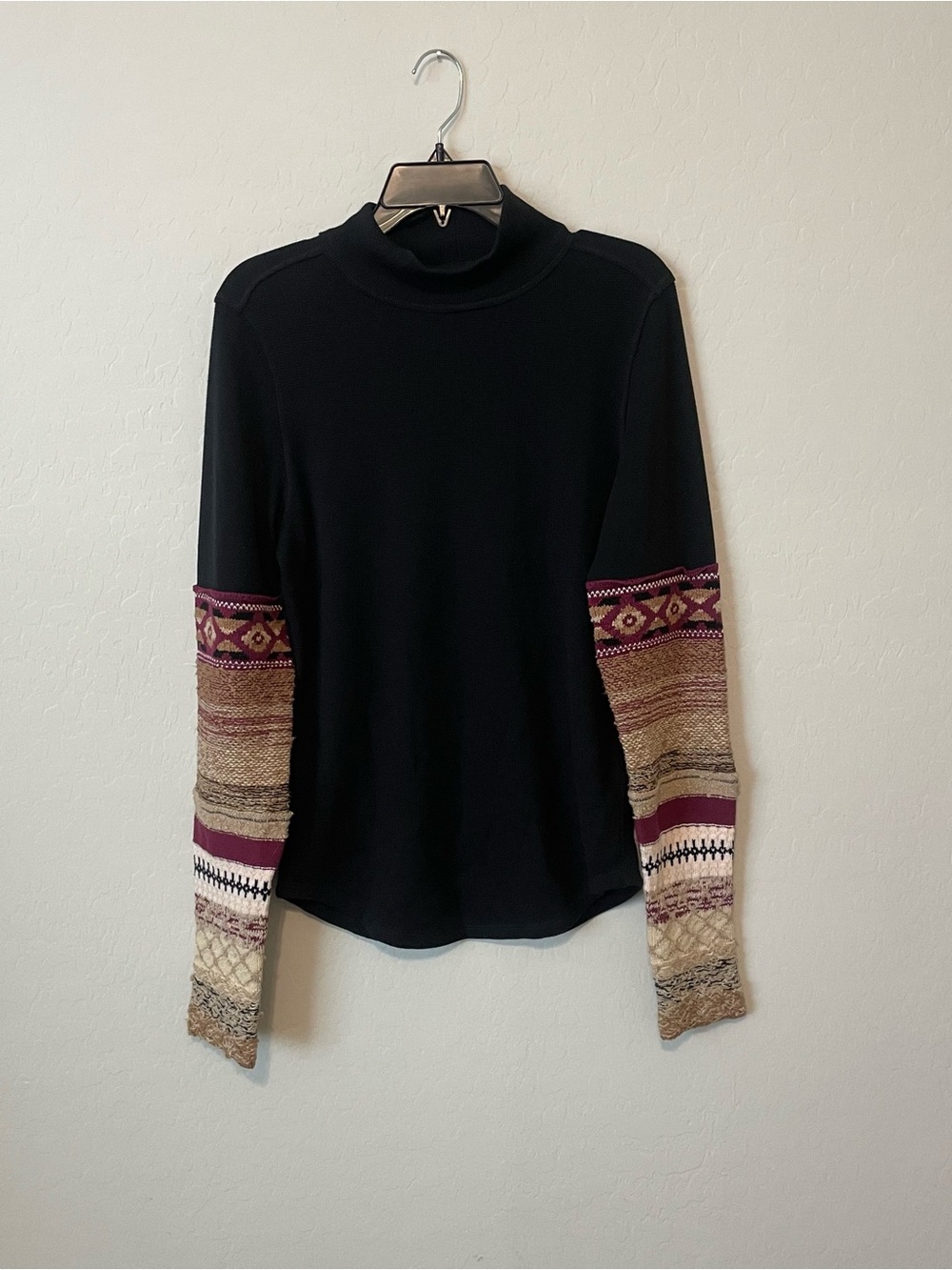 We The Free Black Turtleneck with Patterned Multicolor Long Sleeves
